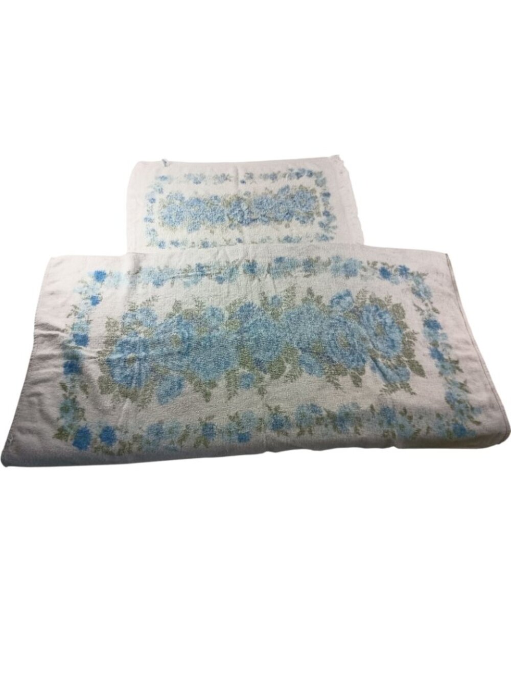 Cannon Towels 70s Retro Blue Floral Fringe set of 2 Vintage - Picture 2 of 4